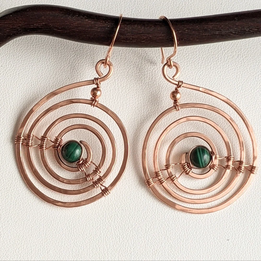 Industrial Urban Copper Spiral Earrings Natural Malachite Gems Earthy Bold - Picture 12 of 12